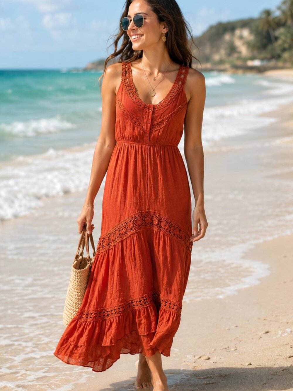 Rebellion Rust Boho Crochet Lace Trim Empire Waist Midi Dress Size XS